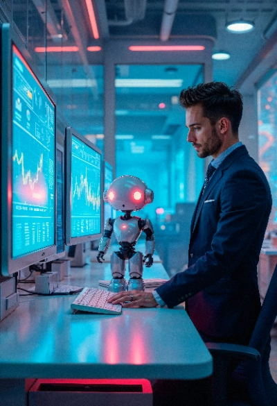 Un hombre con traje y un pequeño robot colaboran en una oficina futurista frente a múltiples monitores que muestran análisis de datos y gráficas financieras