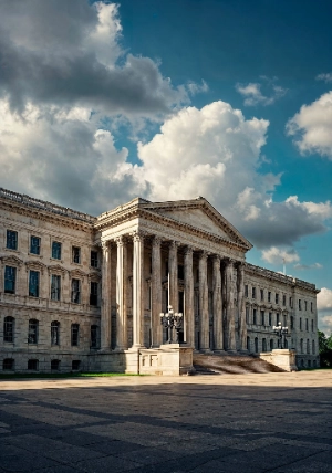 edificación de arquitectura neoclásica con imponentes columnas y un frontón triangular. Se observa bajo un cielo azul con nubes densas, destacando su fachada de piedra clara.
