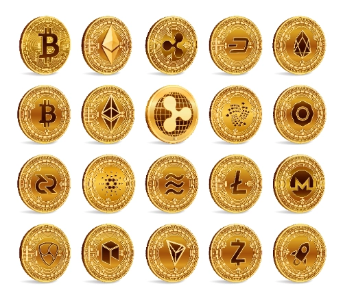 Una colección de veinte monedas digitales doradas dispuestas en filas sobre un fondo blanco, mostrando los logotipos de diferentes criptomonedas como Bitcoin, Ethereum y Ripple.