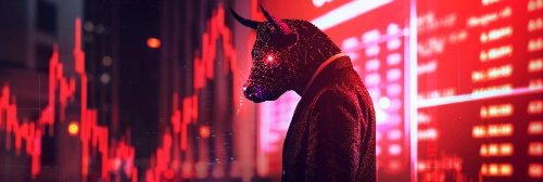 Un toro con traje elegante en un entorno futurista de finanzas, rodeado de pantallas con gráficos bursátiles y luces de neón rojas.
