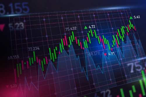 Un gráfico financiero digital en perspectiva que muestra barras de velas japonesas (candlesticks) verdes y rojas sobre una cuadrícula