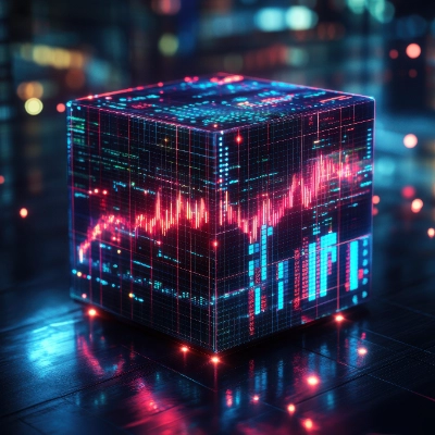 Se trata de un cubo tecnológico brillante situado en un entorno oscuro y futurista. Sus caras funcionan como pantallas digitales que muestran gráficos financieros en rojo y diversos datos o códigos en azul neón.