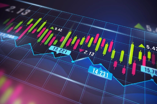 Ilustración digital en perspectiva angular de un panel financiero con gráficos de velas verdes y rojas, una línea azul de tendencia y diversas etiquetas numéricas.