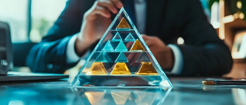 Un hombre de negocios en traje analiza una pirámide de cristal transparente que contiene pequeñas estructuras piramidales doradas y azules en su escritorio.