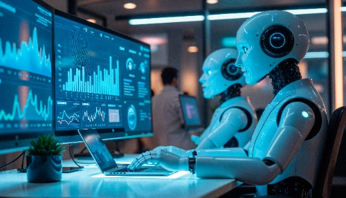 Dos robots humanoides trabajan en un laboratorio digital analizando datos y gráficos financieros en múltiples pantallas y laptops iluminadas con luz azul.