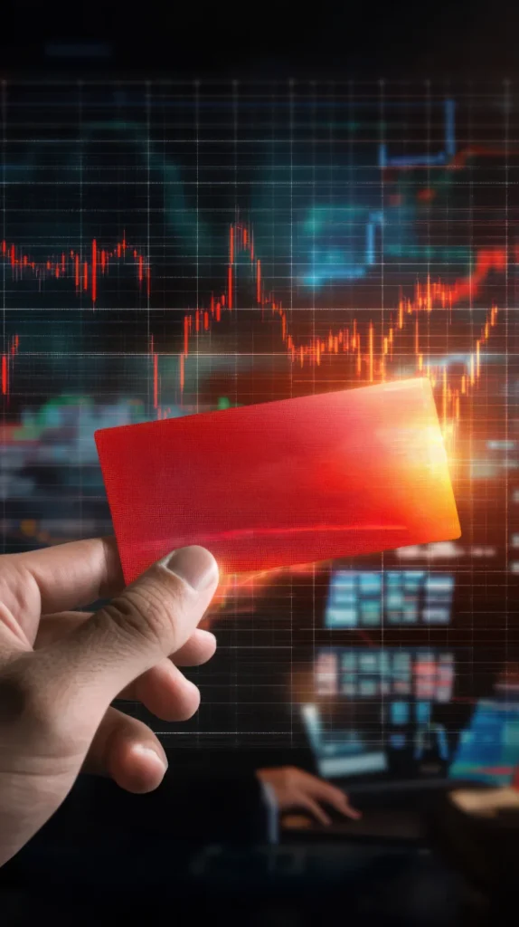 Mano sosteniendo una tarjeta roja transparente frente a una pantalla de monitoreo bursátil con gráficos de velas rojas que simbolizan una caída del mercado.