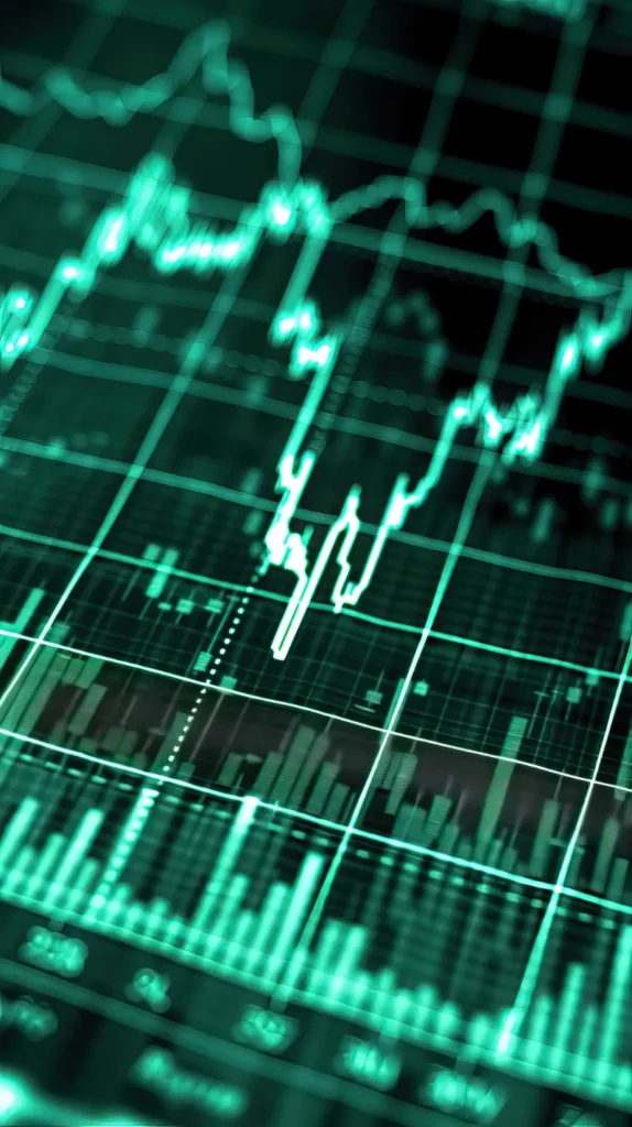 Gráfico de líneas y barras luminosas en tonos verde neón sobre cuadrícula digital que representa la volatilidad del mercado bursátil.